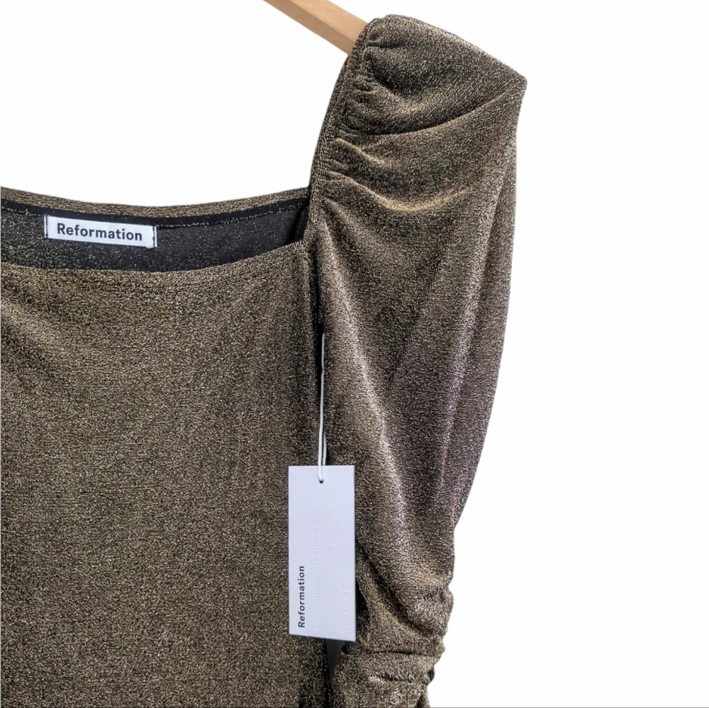 Reformation 'Rahm' Ruched Puff Sleeve Dress in Bronze Sparkle Size XS - Picture 13 of 13